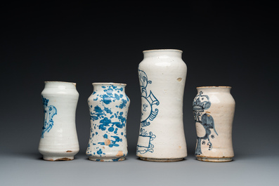 Four various blue and white albarelli or drug jars, Spain and Italy, 17/18th  C.