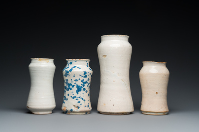 Four various blue and white albarelli or drug jars, Spain and Italy, 17/18th  C.