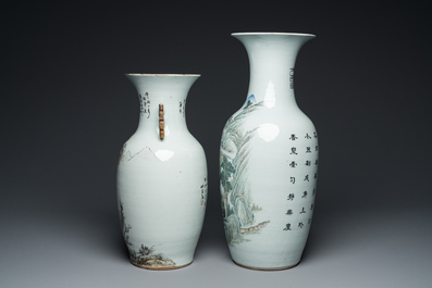 Two Chinese qianjiang cai 'mountainous landscape' vases, signed Hu Zhongzhen 胡仲贞, 19/20th C.