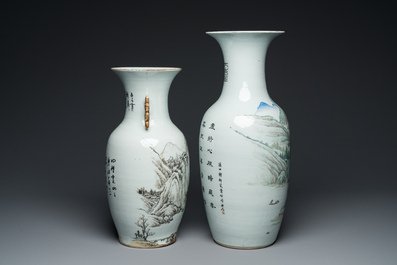 Two Chinese qianjiang cai 'mountainous landscape' vases, signed Hu Zhongzhen 胡仲贞, 19/20th C.