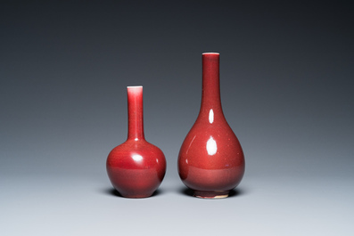 Two Chinese monochrome copper-red and peachbloom-glazed vases, 18/19th C.
