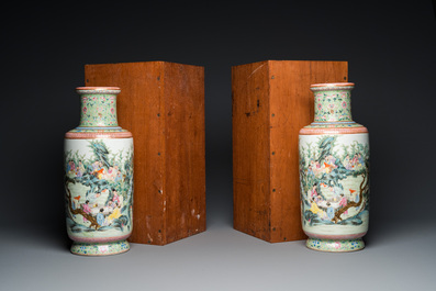 A pair of fine Chinese famille rose rouleau vases, Qianlong mark, Republic