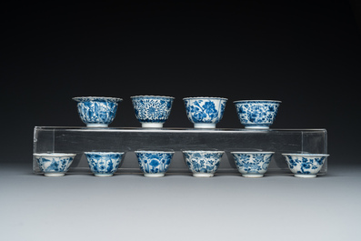 Ten Chinese blue and white cups and saucers, Kangxi