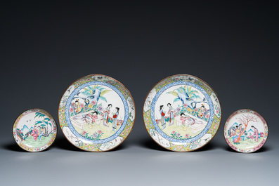 A pair of Chinese Canton enamel dishes and two smaller plates, 19th C.