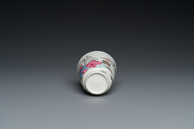 A Chinese famille rose 'erotical subject' cup and saucer, Yongzheng/Qianlong