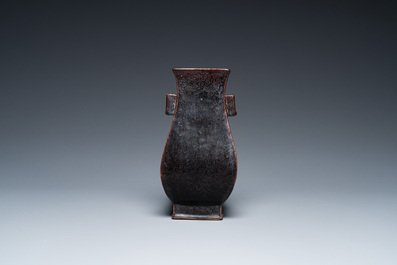 A Chinese monochrome dark aubergine-glazed 'fanghu' vase, probably Qianlong