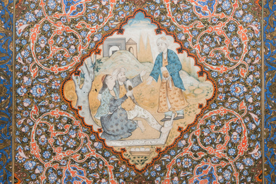 Qajar school miniature: 'Couple with beggar', opaque pigments heightened with gold on paper, 19th C.