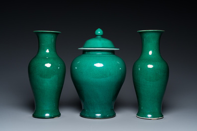 A Chinese monochrome green-glazed garniture of three vases, Republic
