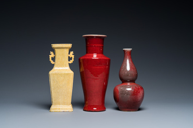 Three Chinese monochrome yellow- and sang-de-boeuf-glazed vases, 19/20th C.