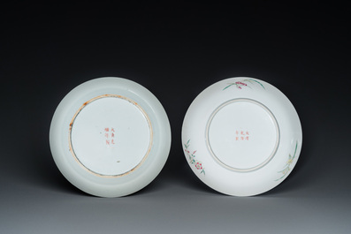Two Chinese famille rose '100 boys' and floral subject plates, Guangxu and Qianlong marks, 19th C.