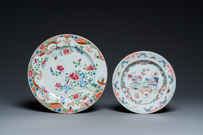Four Chinese famille rose and verte plates and a dish, Kangxi and later