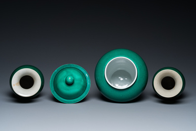 A Chinese monochrome green-glazed garniture of three vases, Republic