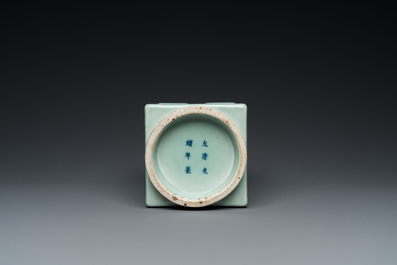 A square Chinese celadon-glazed 'cong' vase with trigrams, Guangxu mark and of the period