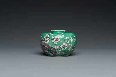 Een Chinese verte biscuit waterpot met prunusbloemen, 19e eeuw