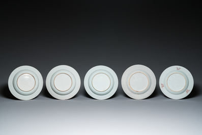 Five Chinese famille rose and verte plates, Qianlong