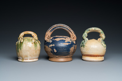 Three Vietnamese Bat Trang glazed pottery lime pots, L&ecirc;, 15/17th C.