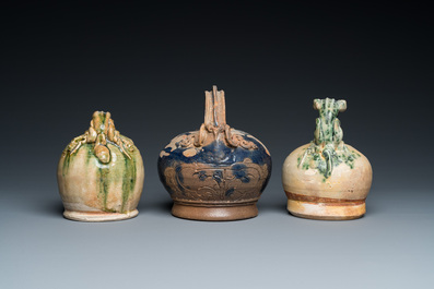 Three Vietnamese Bat Trang glazed pottery lime pots, L&ecirc;, 15/17th C.