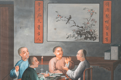Canton school, China, 19e eeuw: 'Geanimeerd interieur', gouache op papier