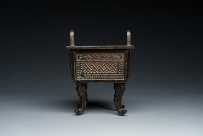 A Chinese bronze censer, 'Fang Ding', Ming