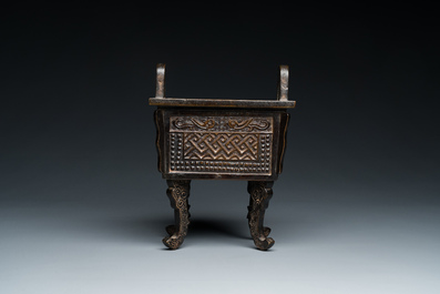 A Chinese bronze censer, 'Fang Ding', Ming