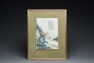 A Chinese qianjiang cai plaque with a mountainous landscape, signed Di Hua 迪華, dated 1935