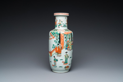 A fine Chinese famille verte rouleau vase, 19th C.