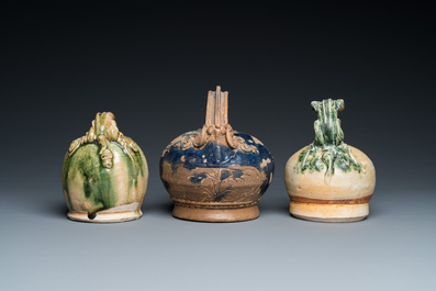 Three Vietnamese Bat Trang glazed pottery lime pots, L&ecirc;, 15/17th C.