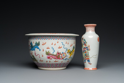 A Chinese famille rose 'Wu Shuang Pu' vase and a 'Buddhist lions' jardini&egrave;re, Republic