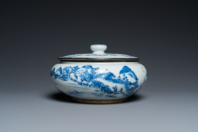 A Chinese silver-mounted blue and white 'Bleu de Hue' bowl and cover for the Vietnamese market, 19th C.