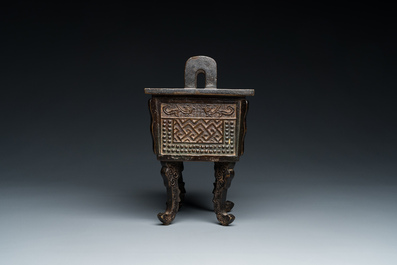 A Chinese bronze censer, 'Fang Ding', Ming