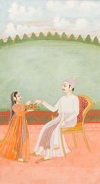 Two Indian school miniatures: 'Portrait of prince Murad Bakhsh' and 'Scene from a Ragamala', 18/19th C.