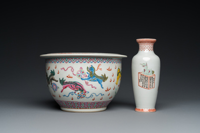 A Chinese famille rose 'Wu Shuang Pu' vase and a 'Buddhist lions' jardini&egrave;re, Republic