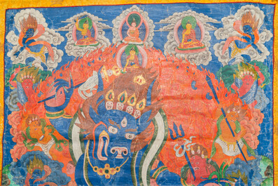 Grand thangka figurant Yamantaka, Tibet, 19&egrave;me