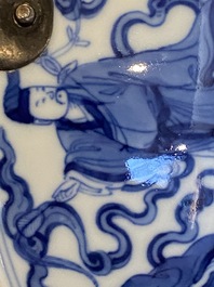 A Chinese blue and white 'eight immortals' bowl with silver handle, Qianlong mark and of the period