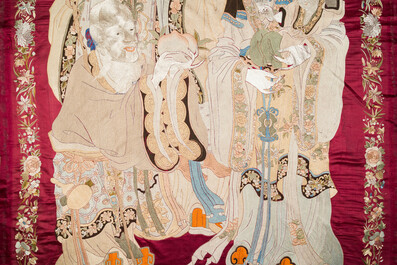 Grande tapisserie murale en soie brod&eacute;e figurant Shou Lao, Chine, Qing