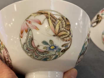 A pair of Chinese famille rose 'butterfly' bowls, Yonzheng mark, probably Republic