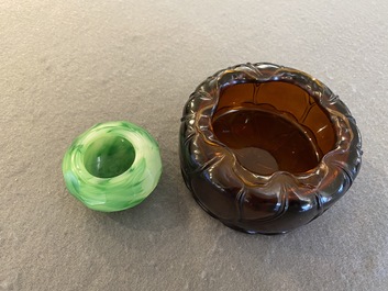 Two Chinese amber-coloured and jadeite-simulating Beijing glass brush washers, 19/20th C.