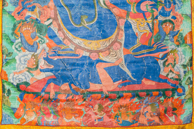 Grand thangka figurant Yamantaka, Tibet, 19&egrave;me