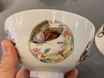 A pair of Chinese famille rose 'butterfly' bowls, Yonzheng mark, probably Republic