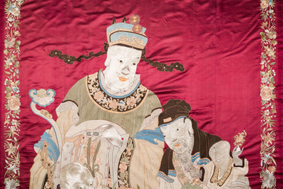 A large Chinese embroidered silk 'Shou Lao' wall tapestry, Qing