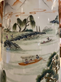 A Chinese famile rose 'hu' vase with a fine river landscape, Qianlong mark, Republic