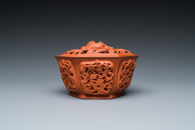 A Chinese Yixing stoneware reticulated hexagonal bowl and cover, Kangxi