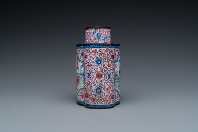 A Chinese Canton enamel tea caddy and four small dishes, 19th C.