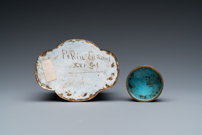 A Chinese Canton enamel tea caddy and four small dishes, 19th C.