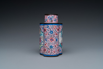 A Chinese Canton enamel tea caddy and four small dishes, 19th C.