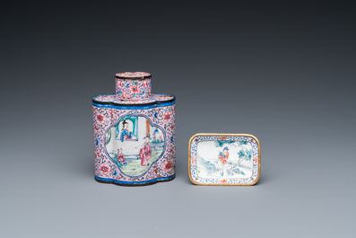 A Chinese Canton enamel tea caddy and four small dishes, 19th C.