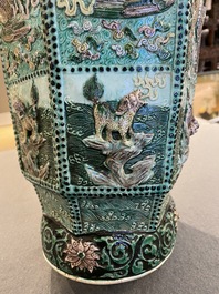 A Chinese hexagonal verte biscuit vase with applied dragon design, 19/20th C.