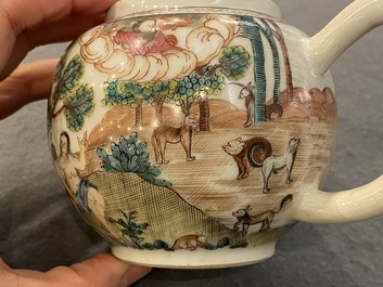 A rare Chinese famille rose 'Adam and Eve' teapot and cover, Qianlong