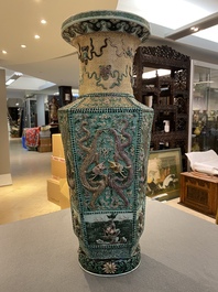 A Chinese hexagonal verte biscuit vase with applied dragon design, 19/20th C.