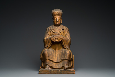 A large Chinese gilded stucco and wood sculpture of the Taoist Jade Emperor, 17th C.